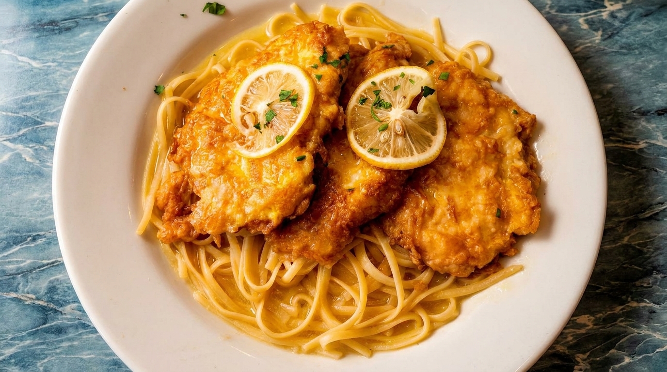 Chicken Francese with linguine pasta, lemon slices, and parsley on a white plate.