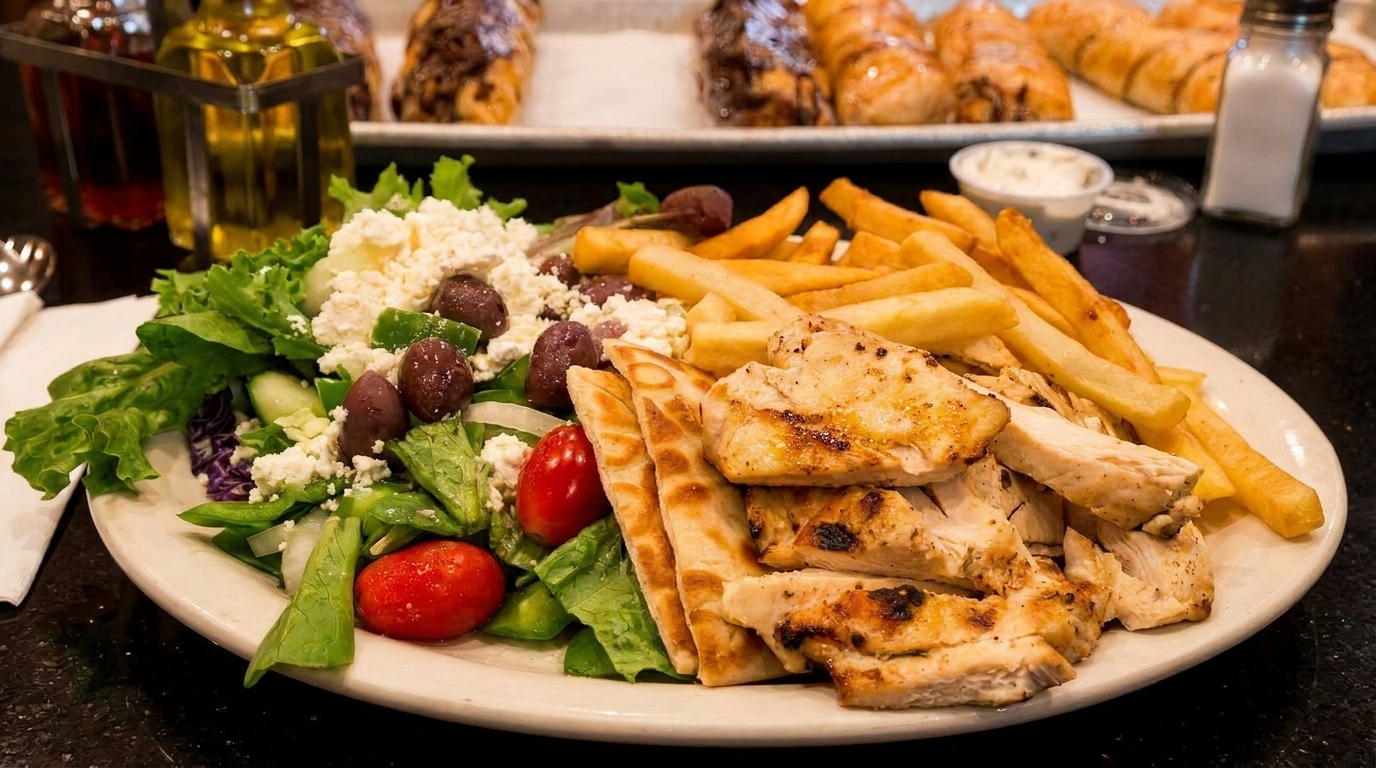 A plate of grilled chicken, french fries, pita bread, and a Greek salad with feta and olives.