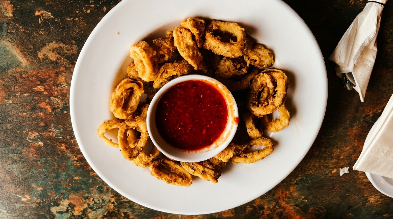 Crispy fried calamari rings with a side of red marinara sauce on a white plate.