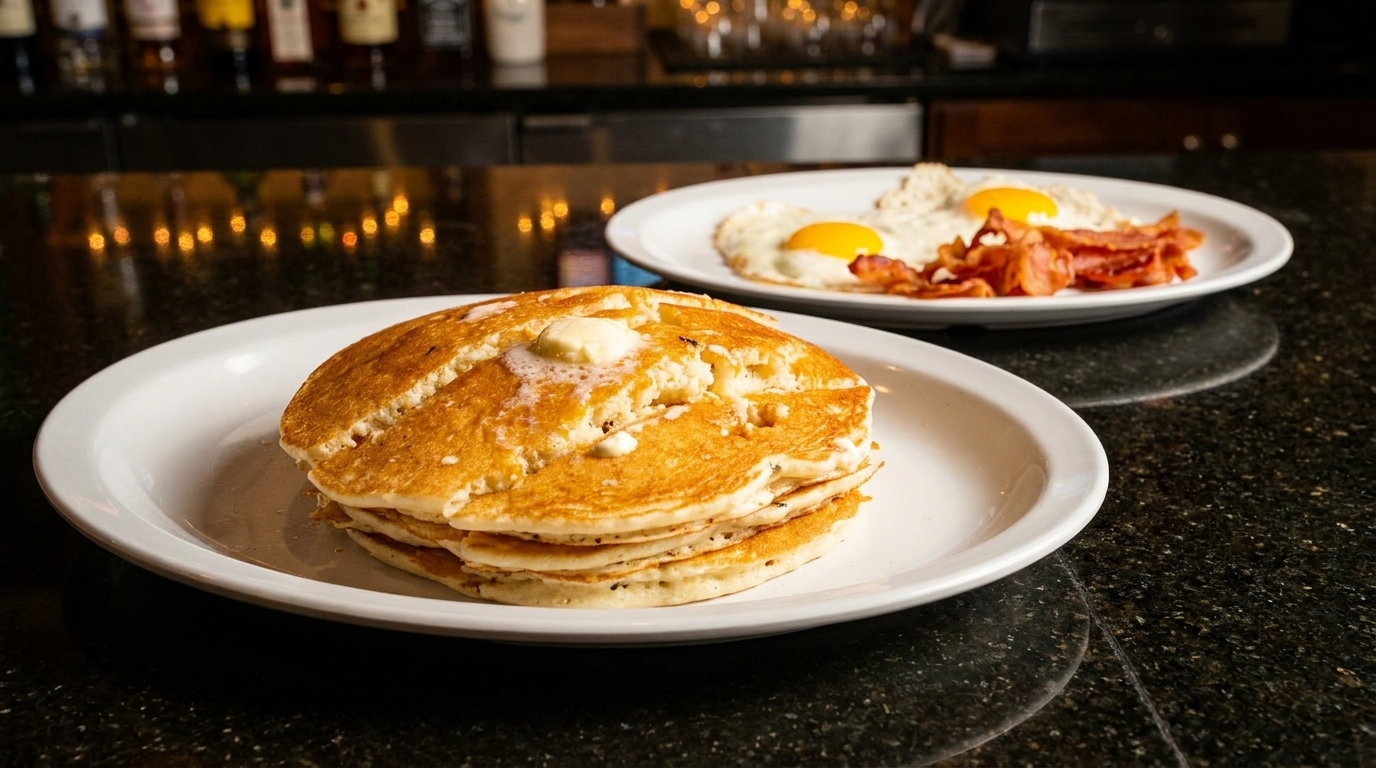 Stack of pancakes with butter and a plate of eggs and bacon on a dark counter.