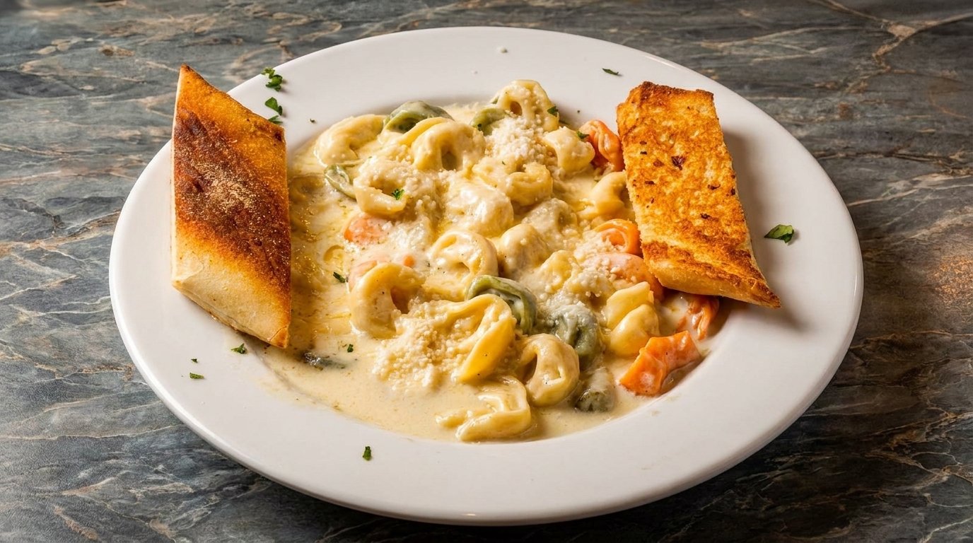 Creamy tortellini pasta with colorful pasta, parmesan cheese, and two slices of garlic bread.