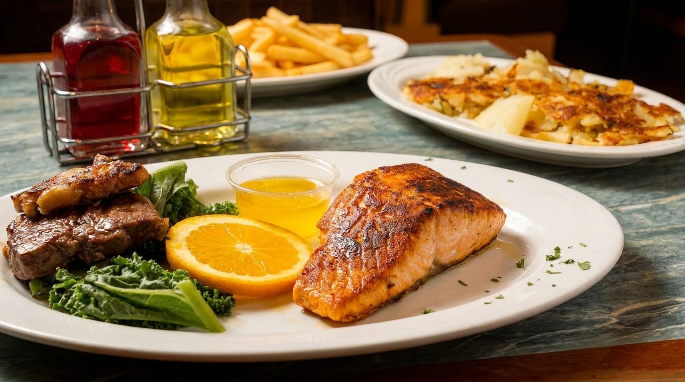 Grilled salmon and steak with kale, orange, and butter, alongside fries and hash browns.