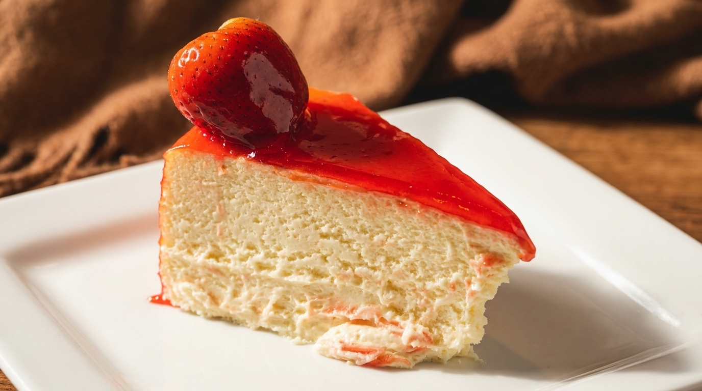 Slice of strawberry cheesecake with glossy red topping and a whole strawberry on a white plate.