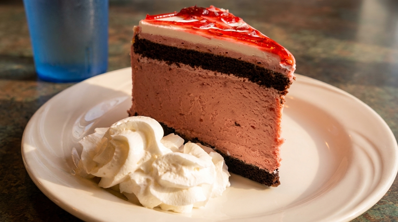 A slice of chocolate mousse cake with strawberry topping and whipped cream on a white plate.