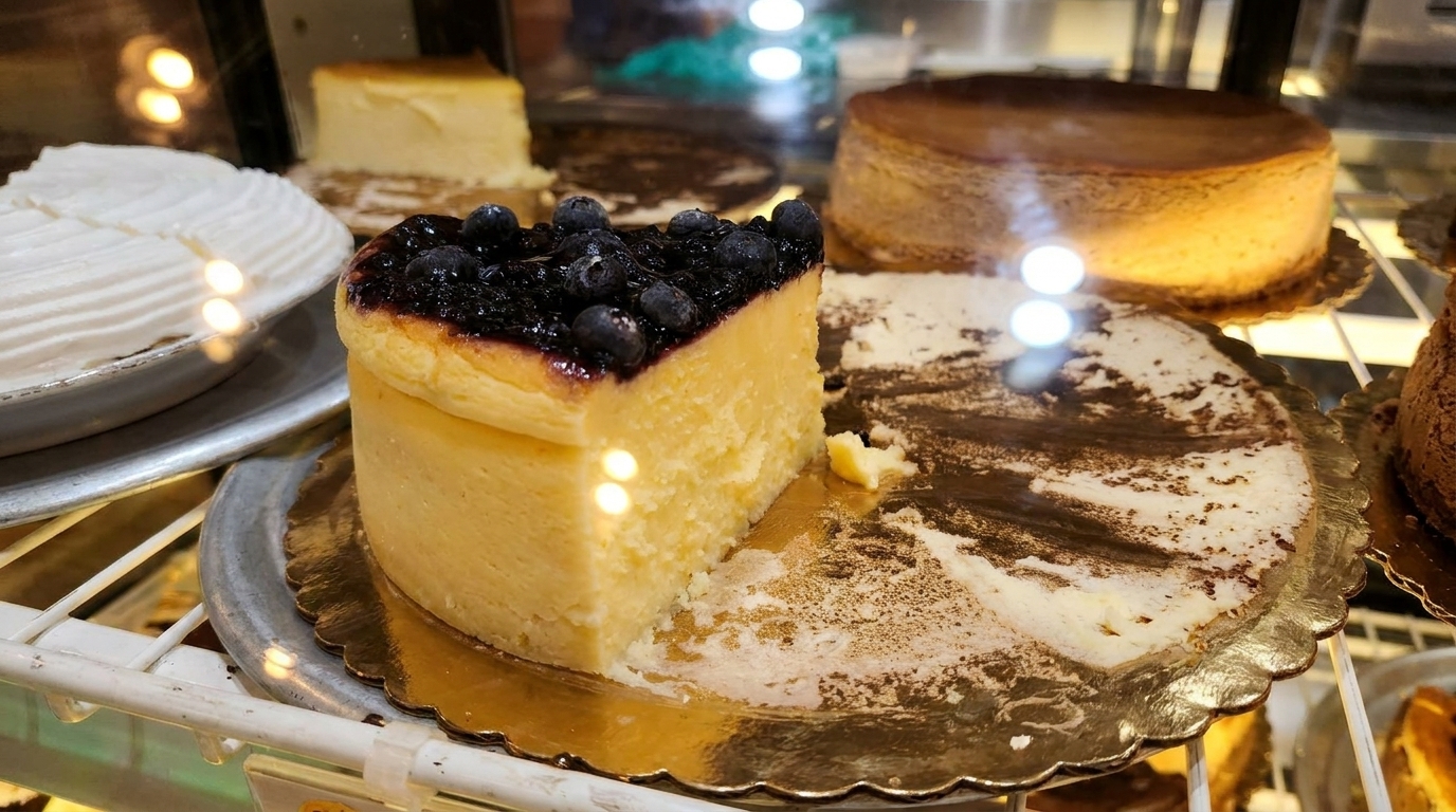 A slice of blueberry cheesecake with other cheesecakes and pies in a display case.