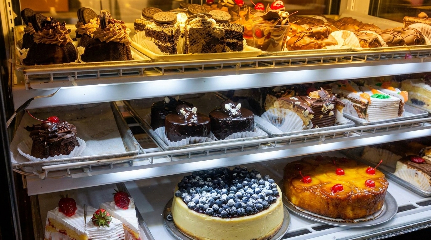 A brightly lit bakery display case filled with various cakes, cheesecakes, and pastries.