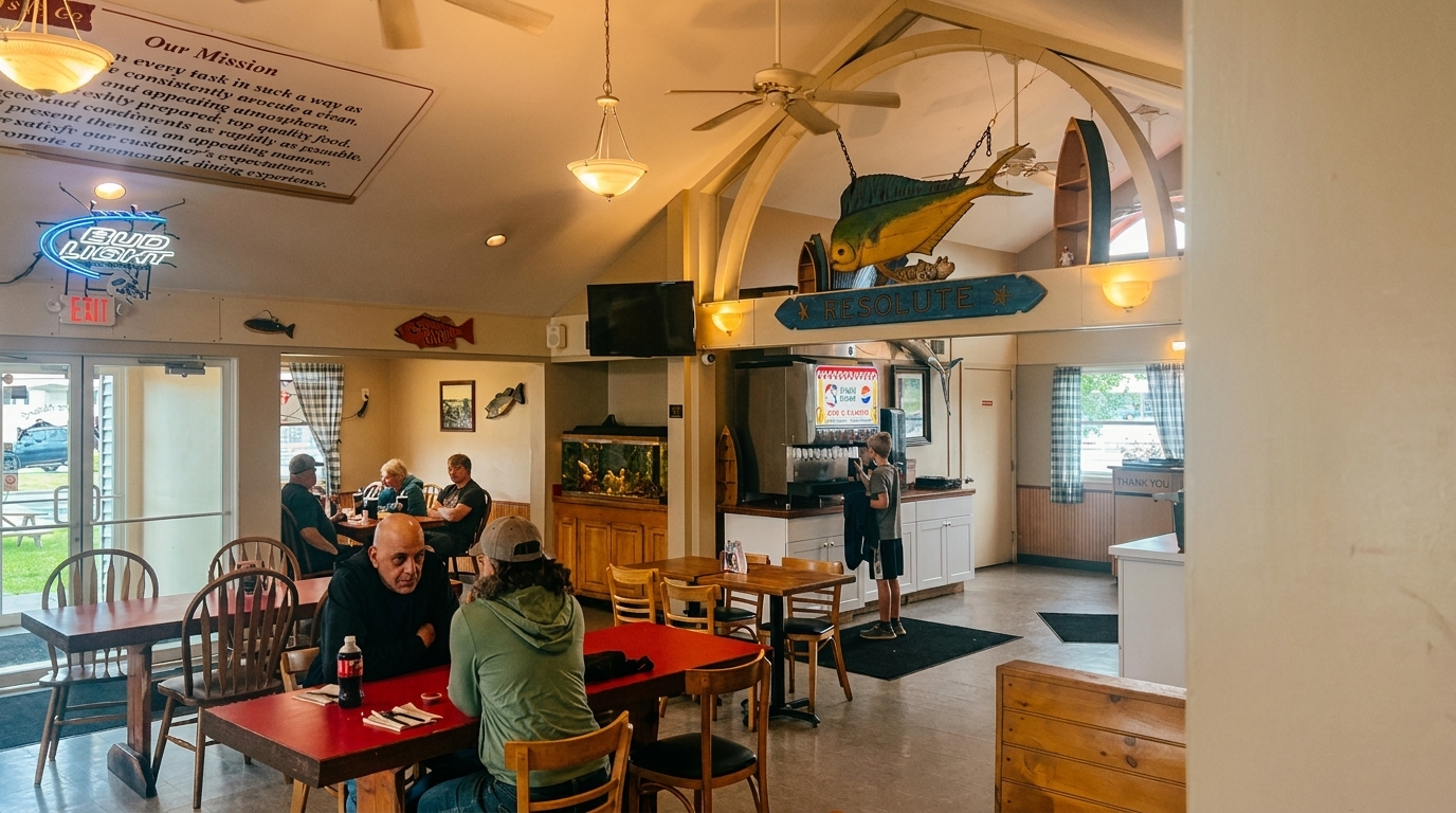 Casual restaurant interior with patrons dining, nautical decor, and a soda fountain.