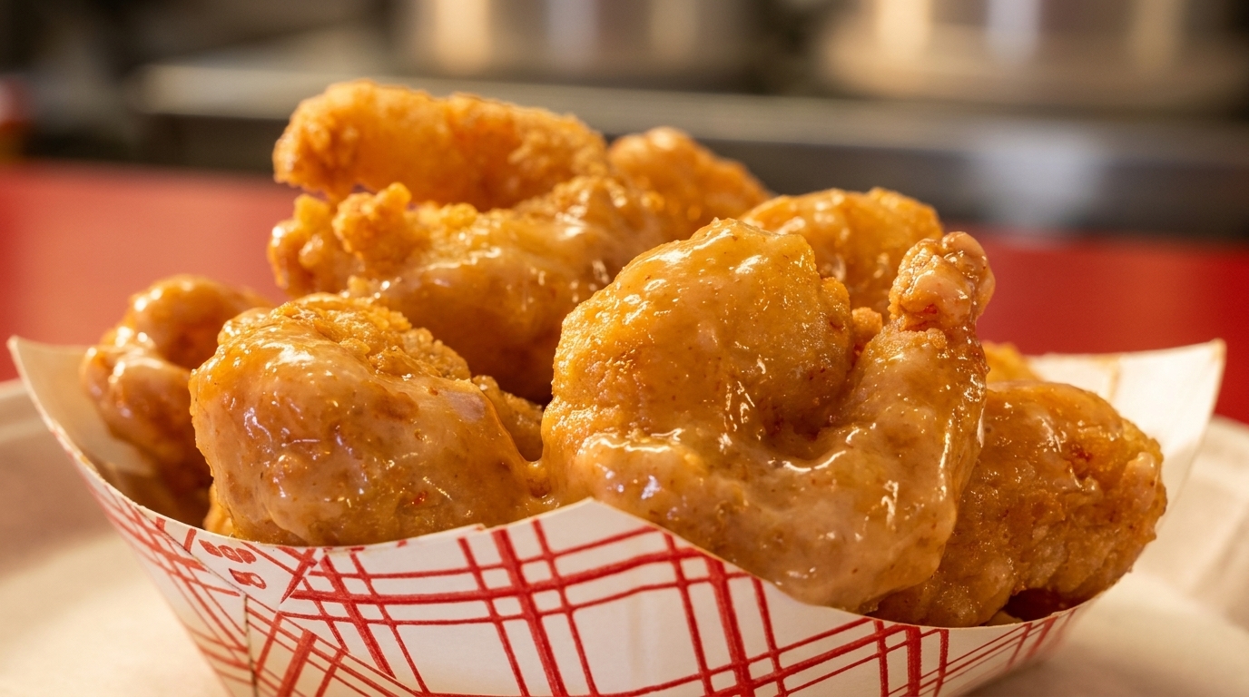 Close-up of crispy fried chicken wings coated in a sweet and savory glaze, served in a paper boat.