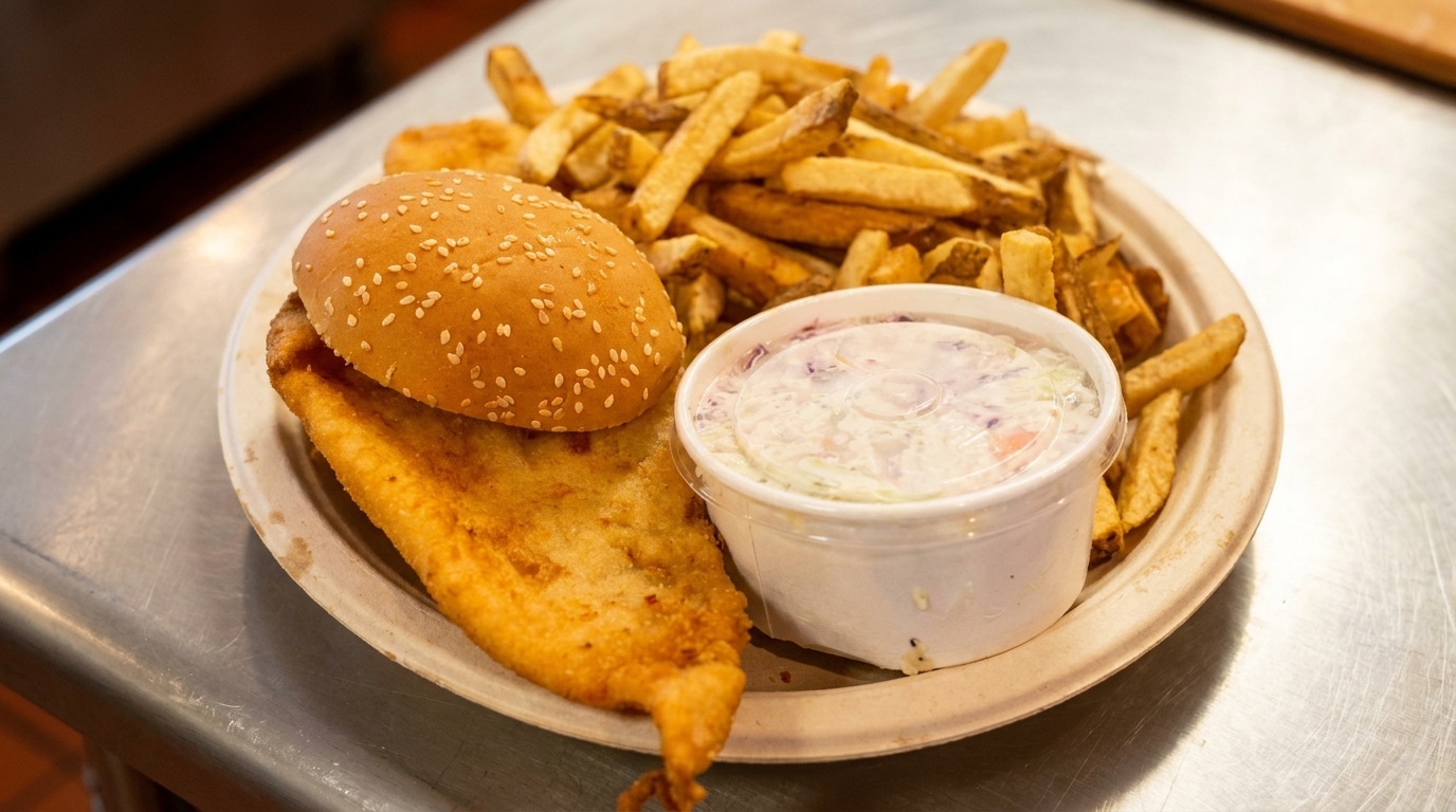 Fish sandwich with fries and coleslaw on a disposable plate, on a metal counter.