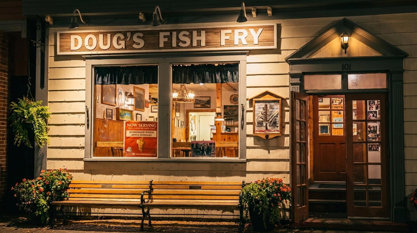 Exterior of Doug's Fish Fry restaurant at night, with a bench, plants, and illuminated windows.