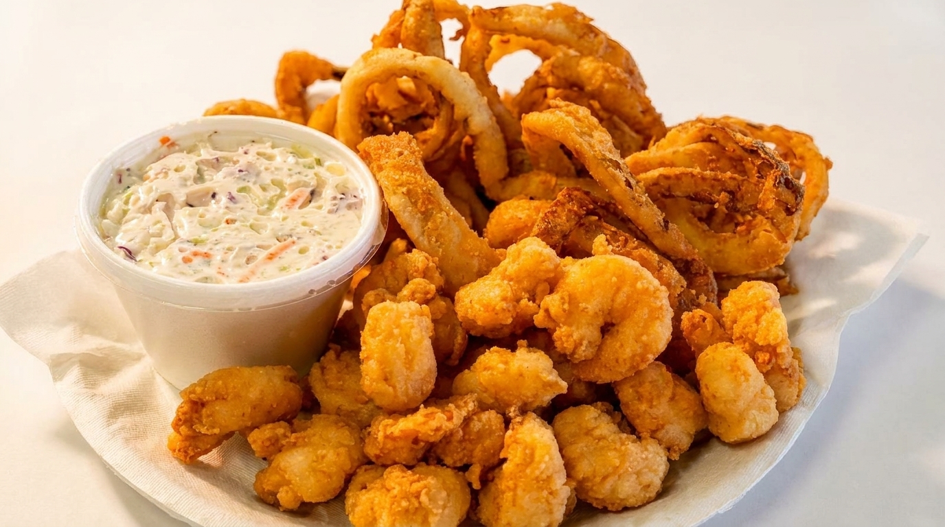 A plate of golden-brown fried shrimp and onion rings with a side of coleslaw.