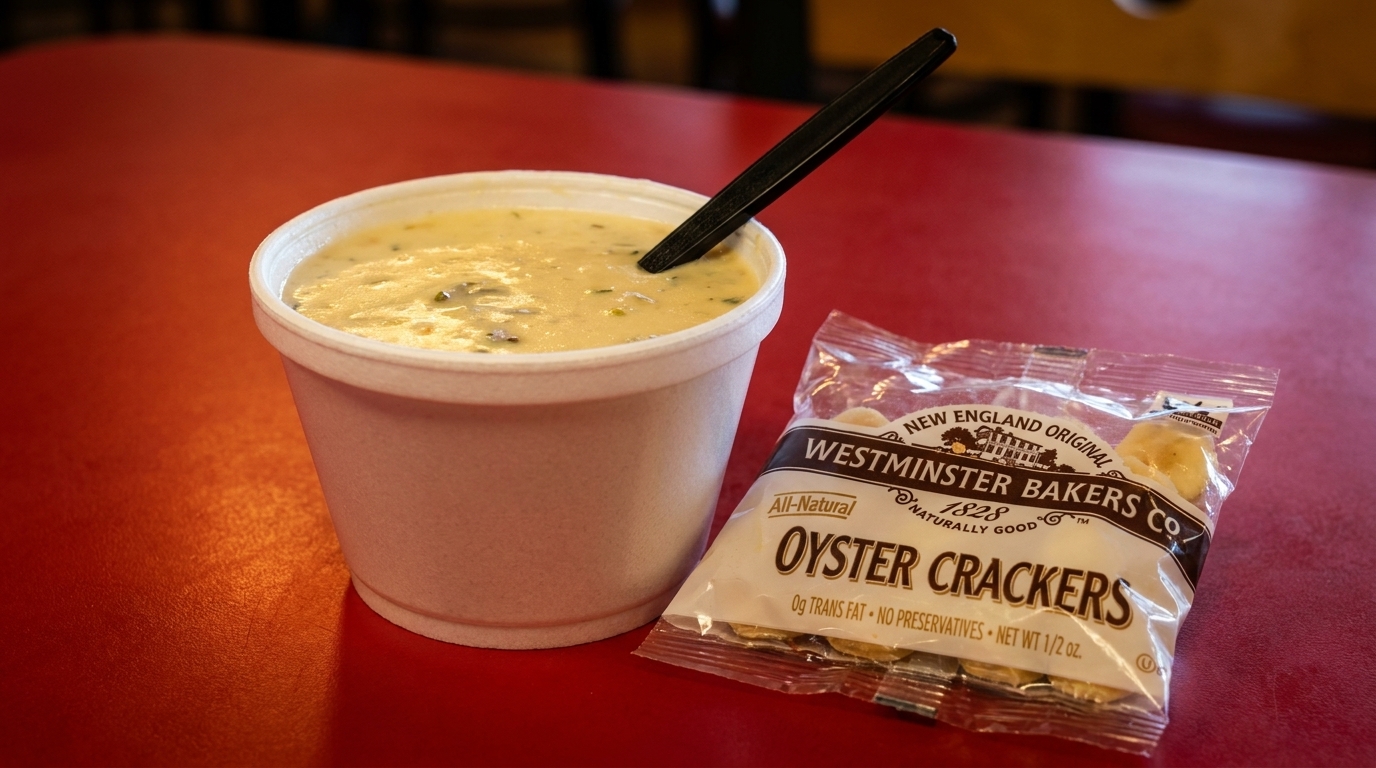 A cup of clam chowder with a spoon and a packet of Westminster oyster crackers on a red table.
