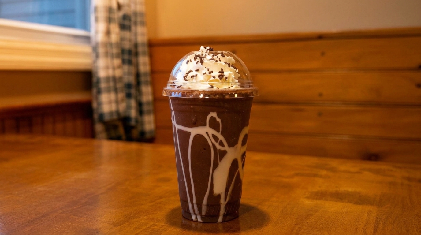 Chocolate milkshake with whipped cream and sprinkles in a plastic cup on a wooden table.