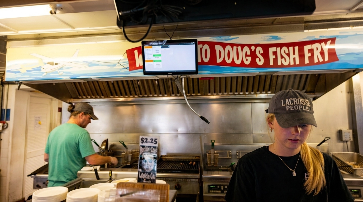 Two employees working in a busy kitchen with deep fryers and a "Doug's Fish Fry" sign.