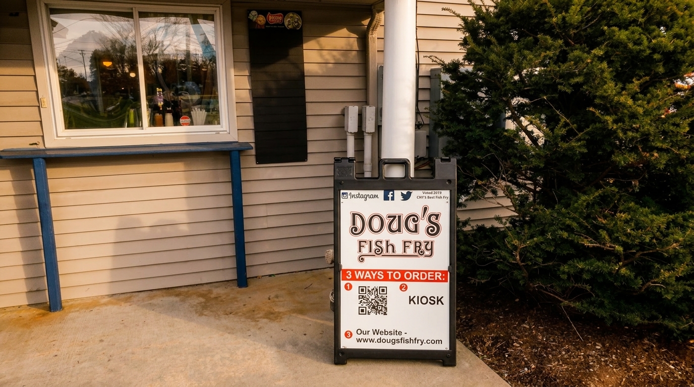 Doug's Fish Fry sign with ordering options outside a building with a window and bush.