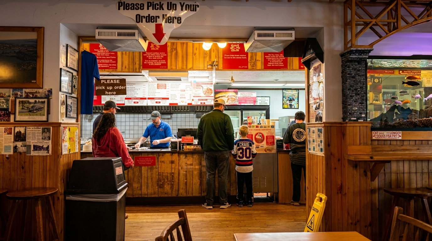 Customers wait at a counter to pick up orders in a casual restaurant with wood paneling and a fish tank.