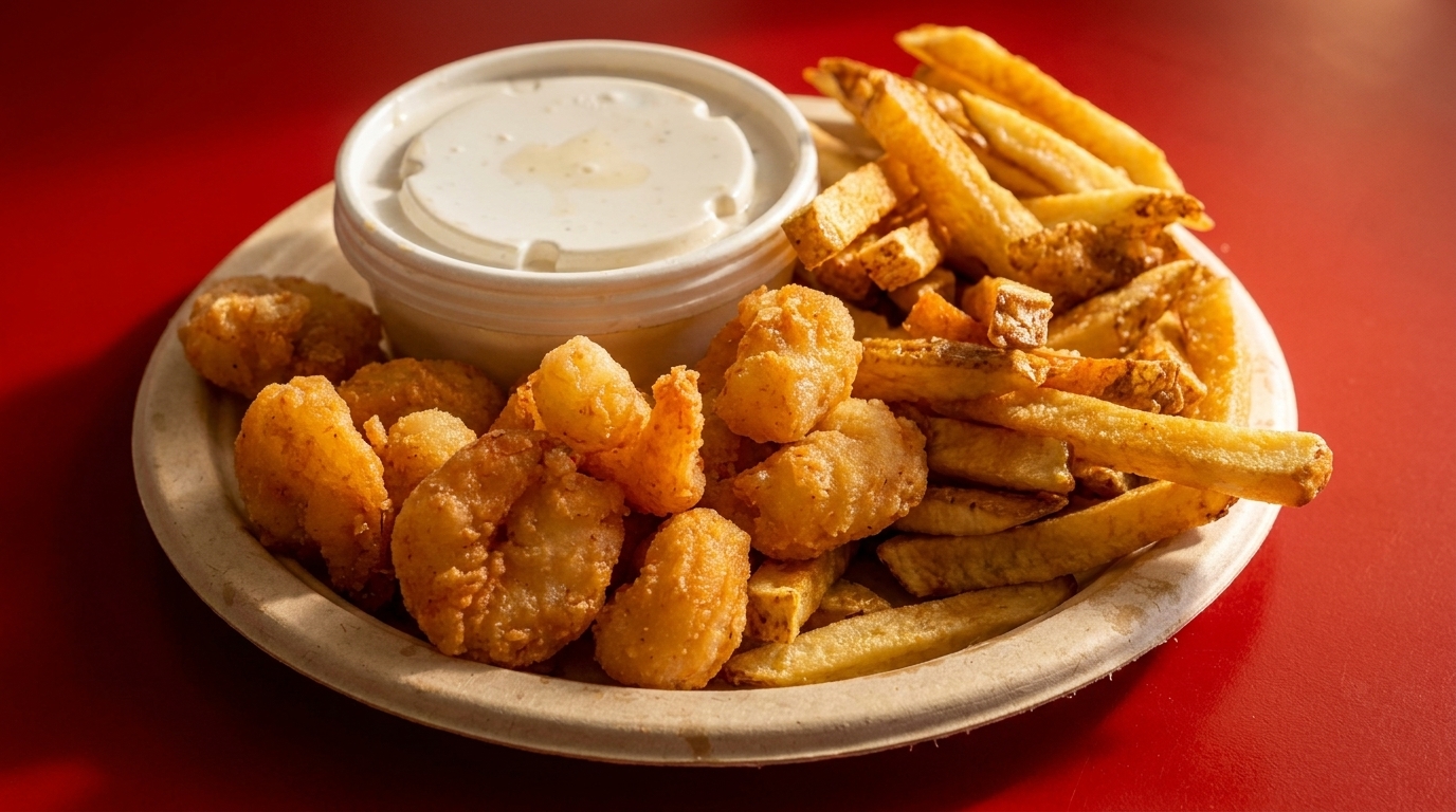 Fried shrimp and french fries with a side of dipping sauce on a red table.