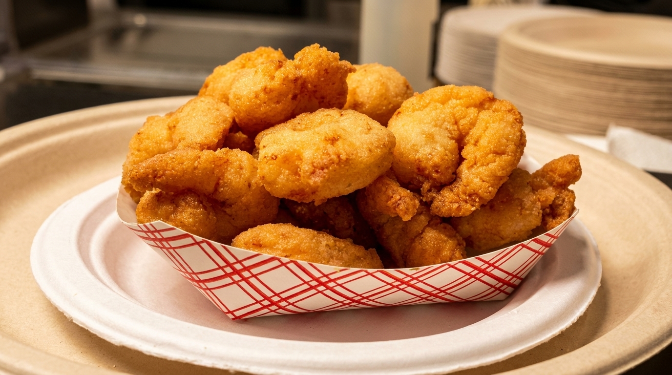 Golden-brown fried shrimp and hushpuppies in a red and white checkered paper tray on a plate.