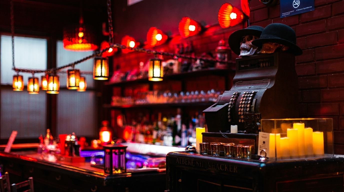 A dimly lit bar with red lighting, an antique cash register, and skull decorations.