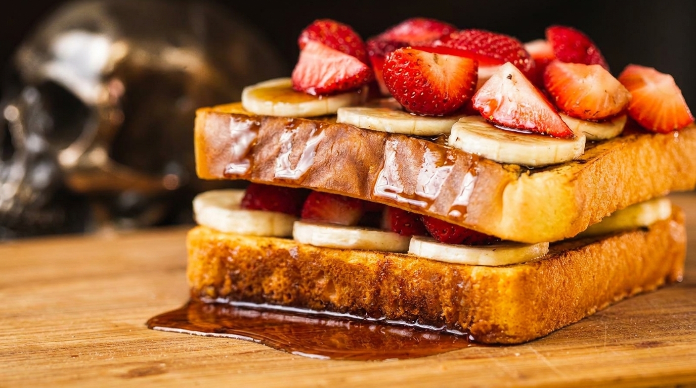 Thick-cut French toast sandwich with sliced bananas, strawberries, and syrup on a wooden board.