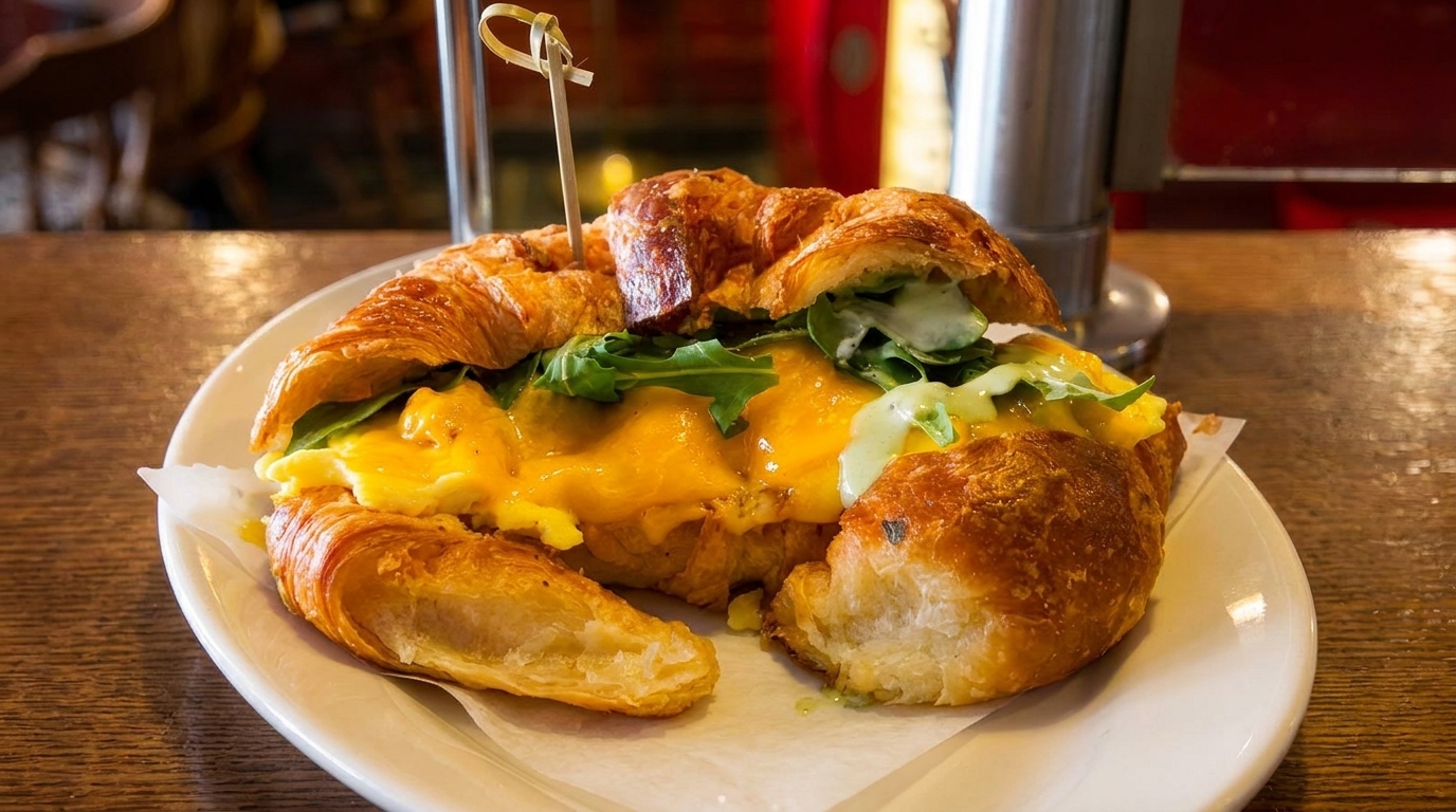 A croissant sandwich filled with scrambled eggs, melted cheese, and arugula on a white plate.