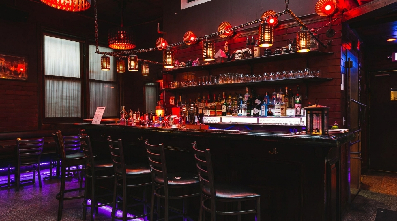 A dimly lit bar with red brick walls, bottles of liquor, and purple under-bar lighting.