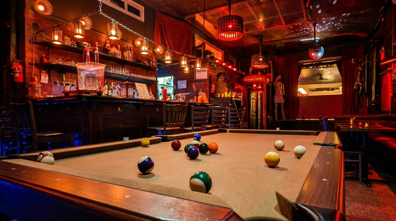 A dimly lit bar with a pool table in the foreground, featuring red lighting and eclectic decor.