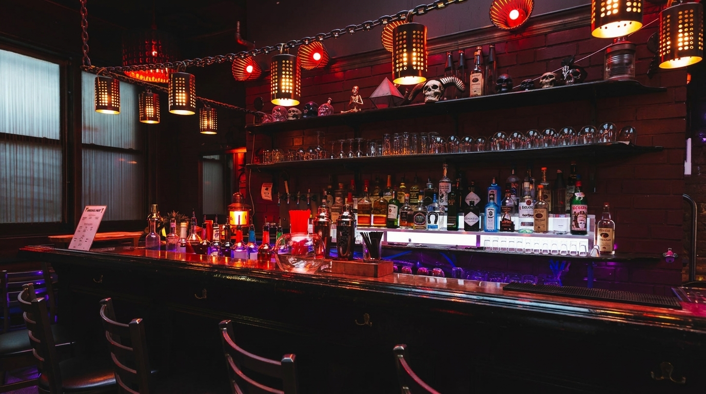 A dimly lit bar with red brick walls, bottles of liquor, and decorative skulls on shelves.