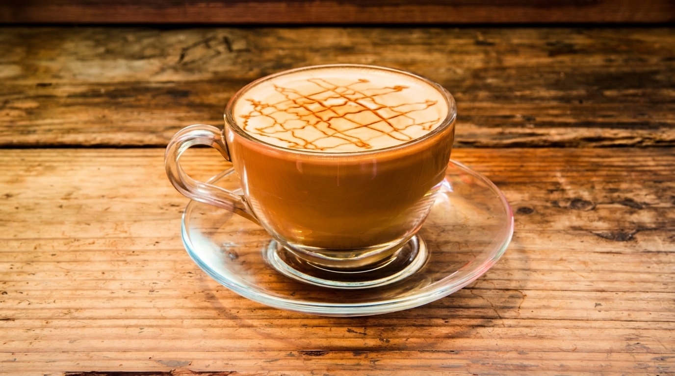 A clear glass mug of caramel latte with foam art on a rustic wooden table.