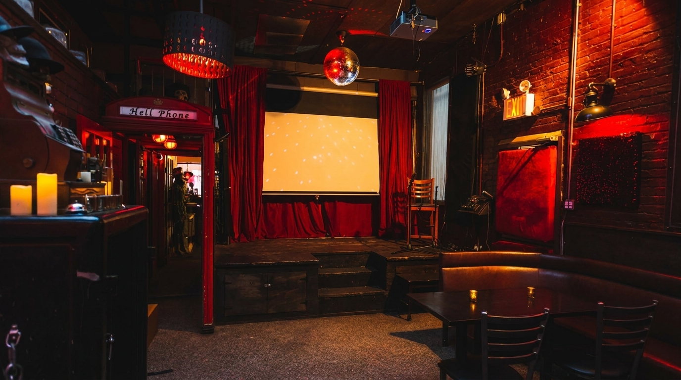 A dimly lit bar interior with a stage, red curtains, a disco ball, and a "Hell Phone" booth.