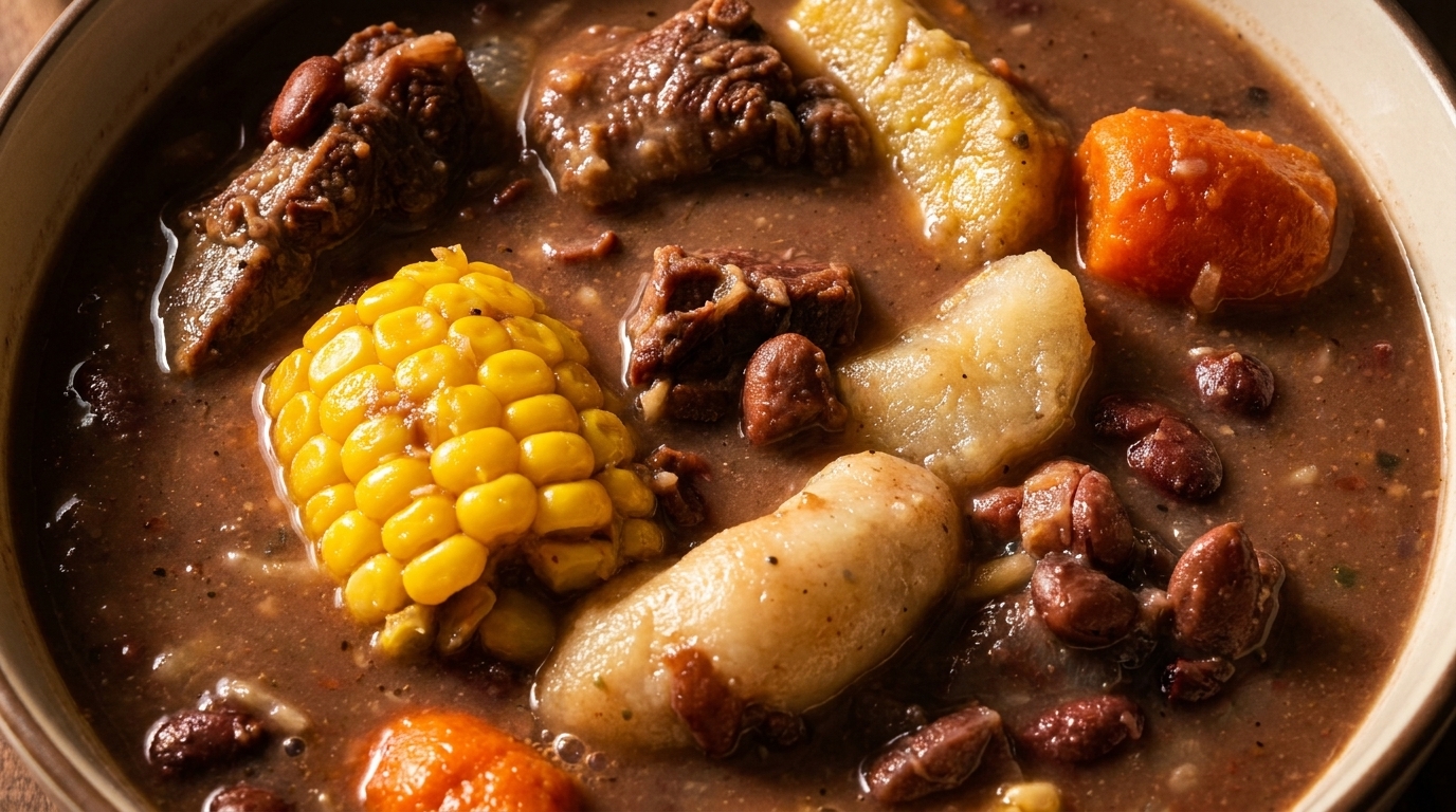 Hearty stew with beef, corn on the cob, beans, and root vegetables in a bowl.
