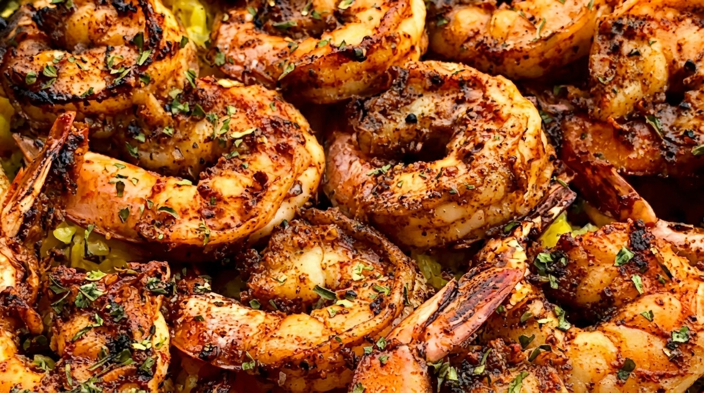 Close-up of grilled shrimp seasoned with herbs and spices, served over a bed of yellow rice.