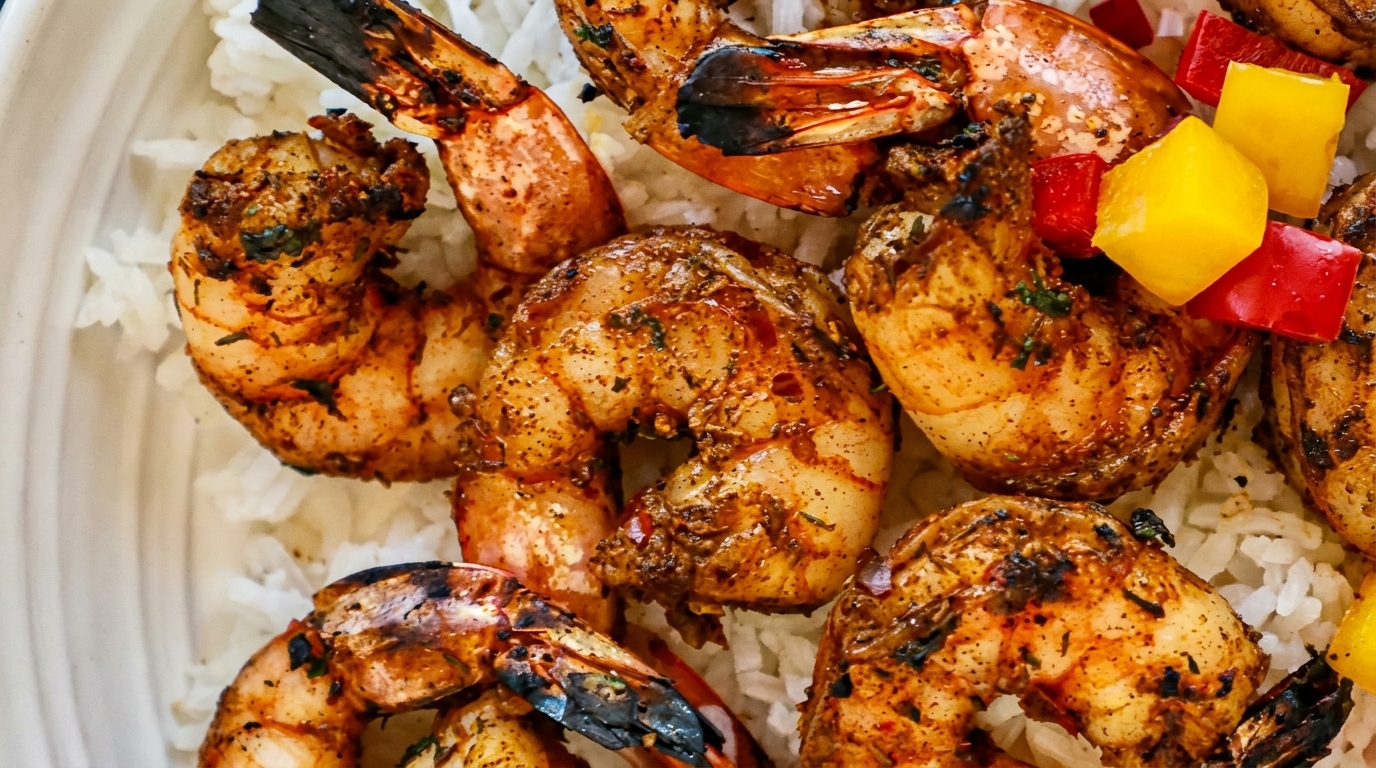 Close-up of grilled shrimp with colorful bell peppers and white rice in a bowl.
