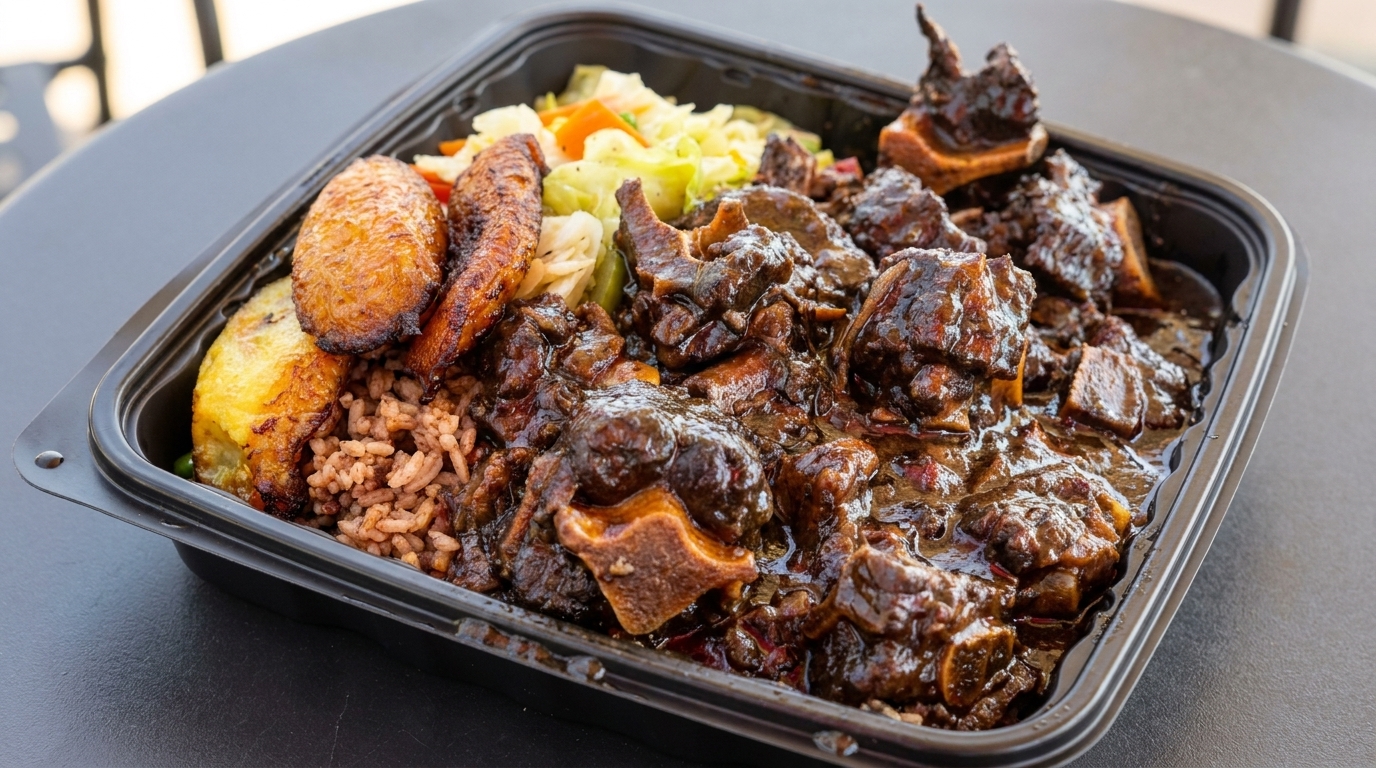 Oxtail stew with rice, fried plantains, and steamed cabbage in a black takeout container.