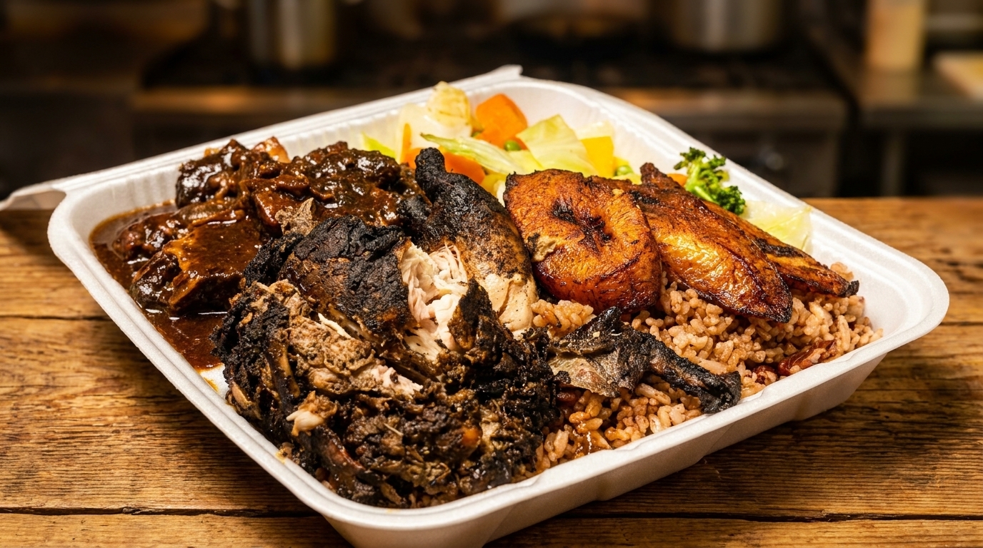 A takeout container filled with jerk chicken, oxtail, rice and peas, plantains, and steamed vegetables.