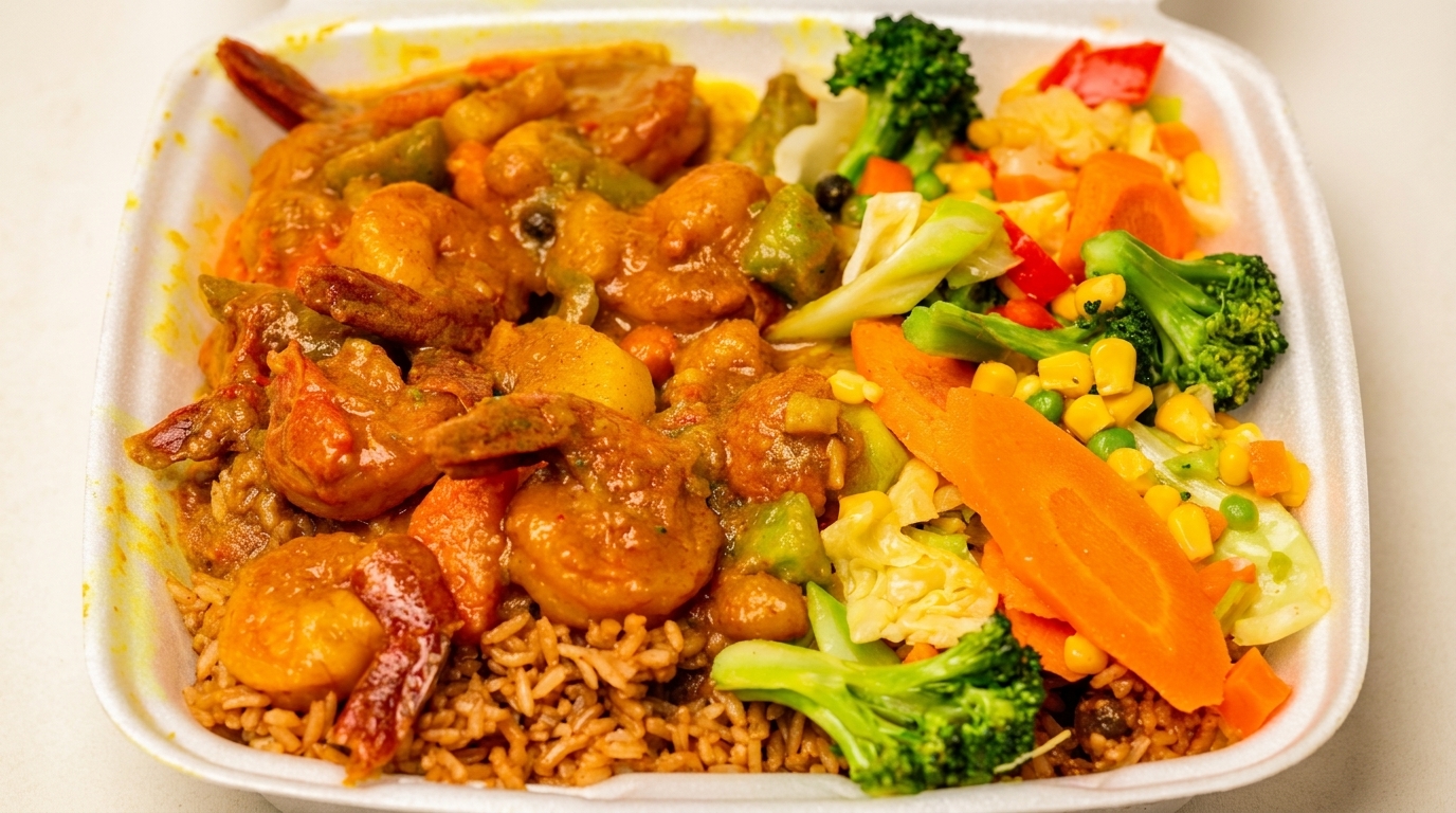 Curry shrimp with rice and mixed vegetables, including broccoli, carrots, corn, and peas, in a takeout container.