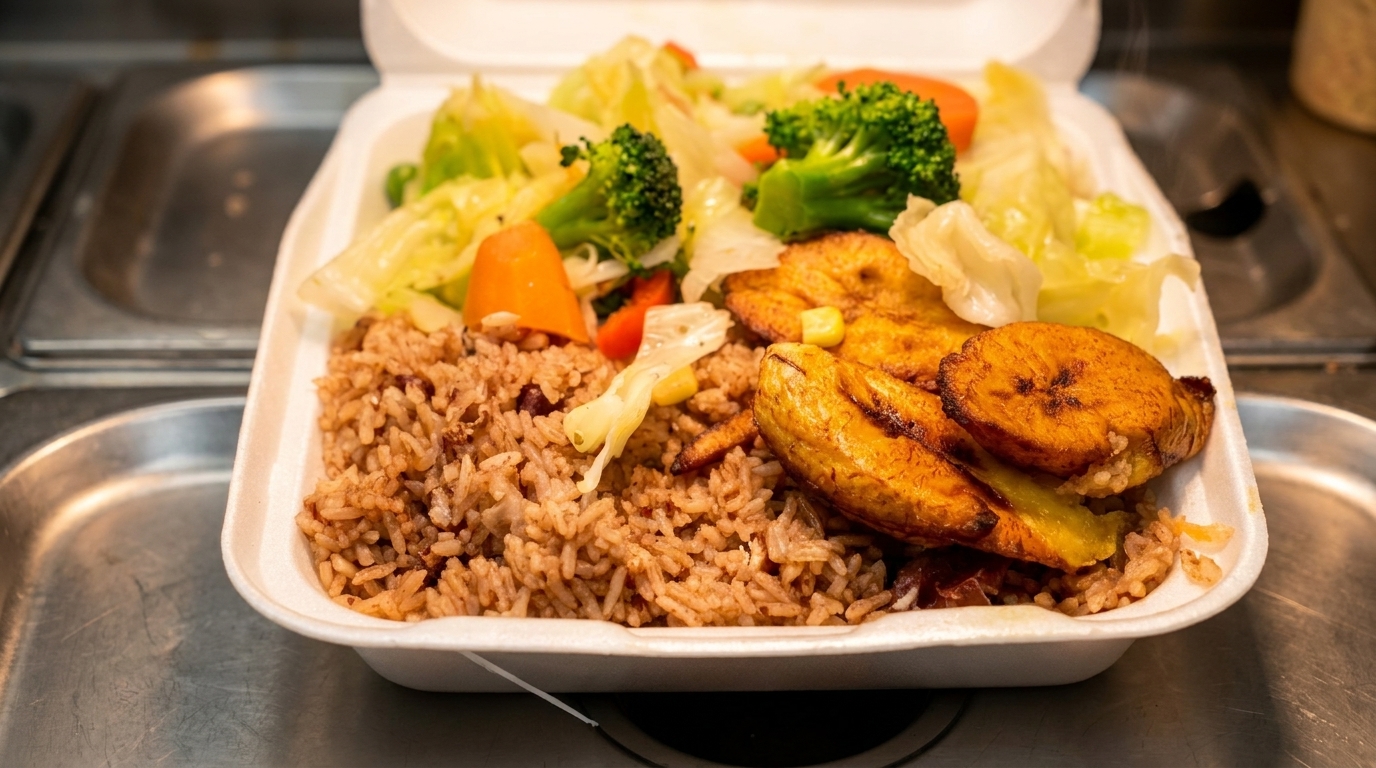 A takeout container filled with rice, fried plantains, steamed cabbage, carrots, and broccoli.