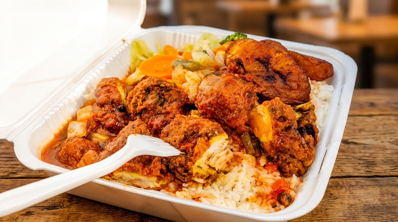 Takeout container with fried chicken, rice, vegetables, and plantains on a wooden table.