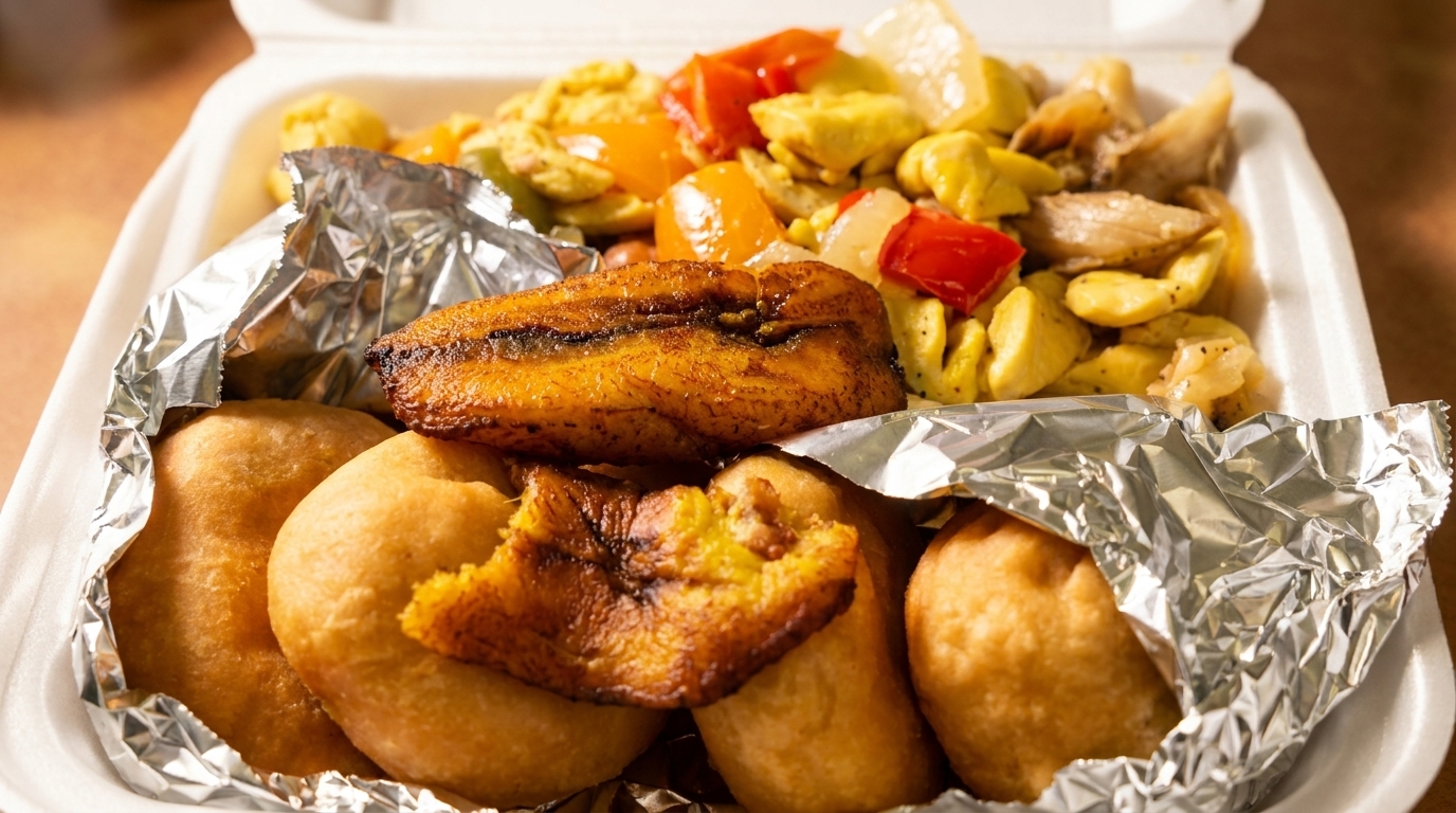 A takeout container filled with ackee and saltfish, fried plantains, and dumplings.