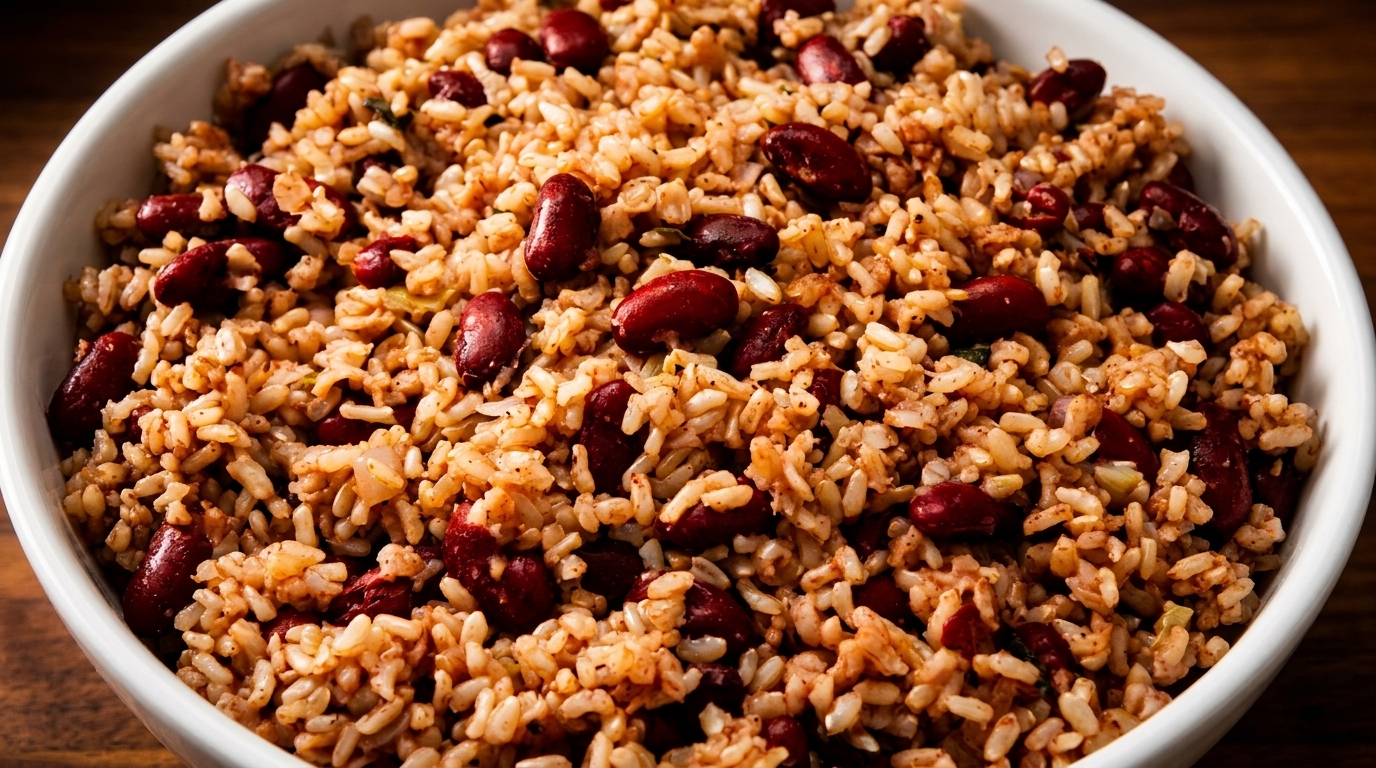 Close-up of a white bowl filled with rice and red kidney beans, a classic Caribbean dish.