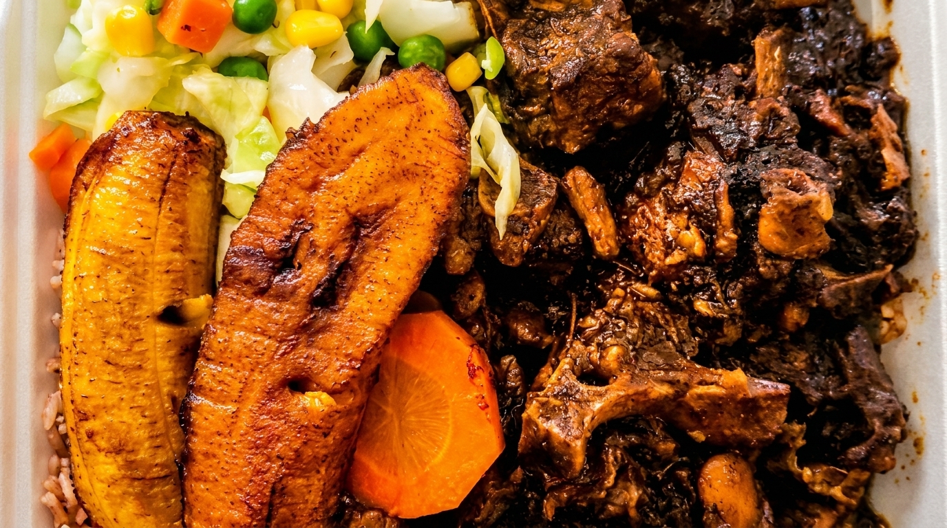 Close-up of a Jamaican oxtail dish with rice, fried plantains, and steamed vegetables.