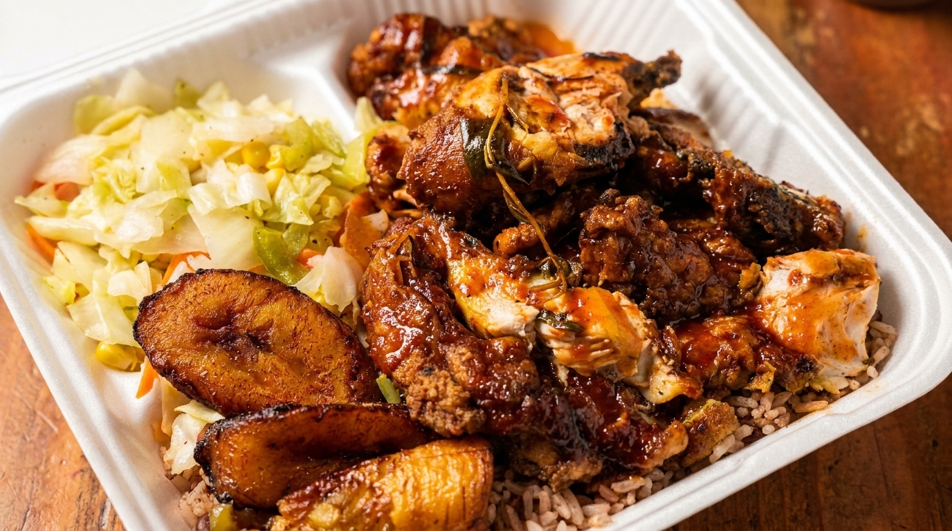A takeout container filled with jerk chicken, rice and peas, fried plantains, and cabbage salad.