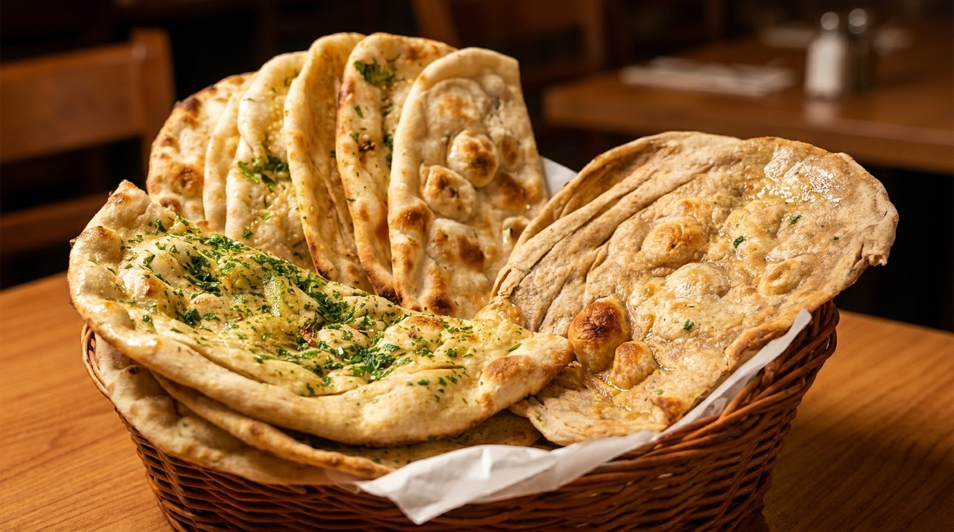 A woven basket filled with various types of naan bread, some topped with herbs.