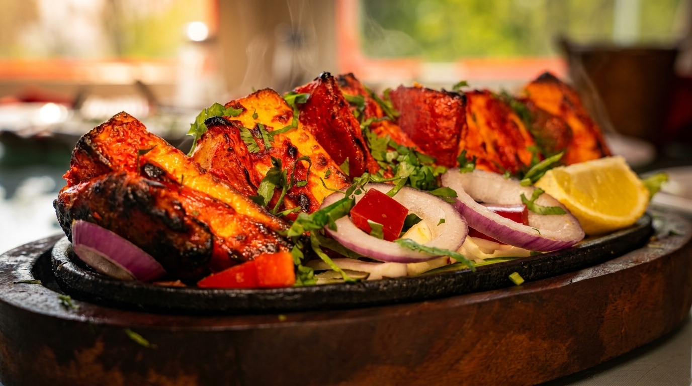 Sizzling paneer tikka, garnished with red onions, cilantro, and a lemon wedge, on a wooden platter.