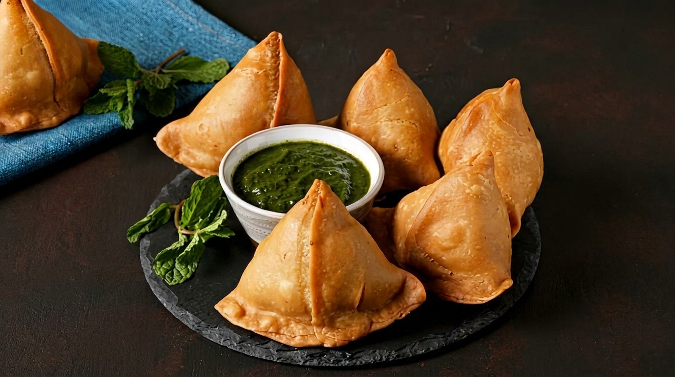 Golden-brown samosas arranged on a dark plate with a bowl of green chutney and mint sprigs.
