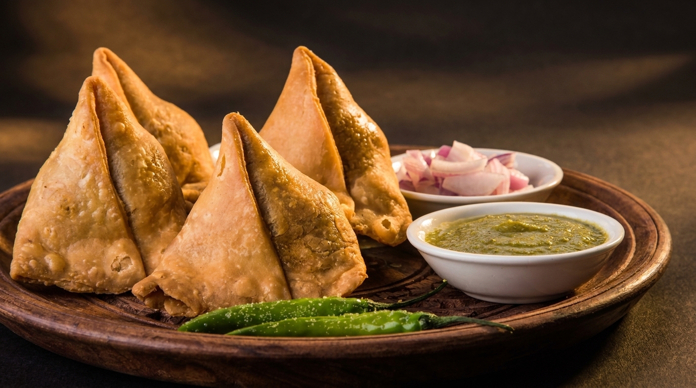 Golden-brown samosas on a wooden plate with green chutney, sliced red onions, and green chilies.