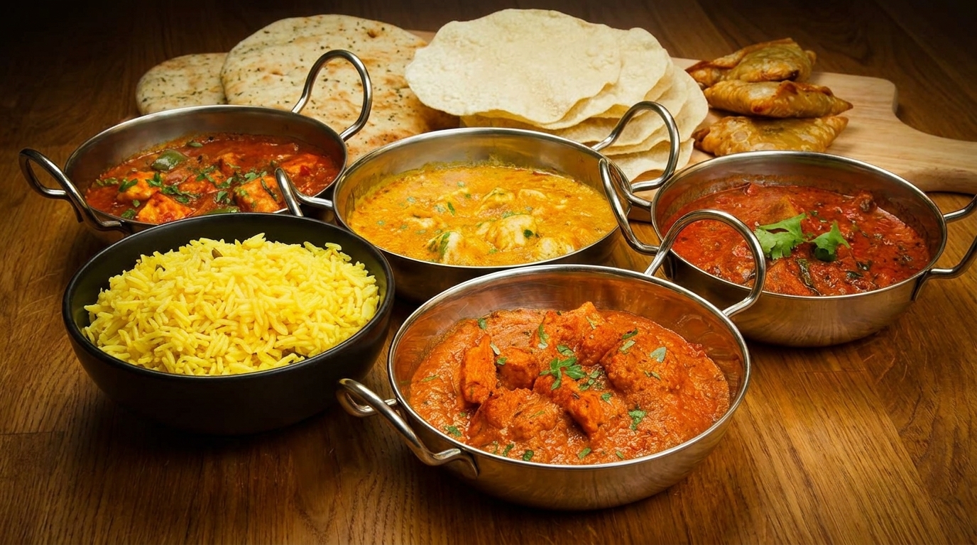 A spread of Indian dishes including various curries, yellow rice, naan, papadums, and samosas on a wooden table.