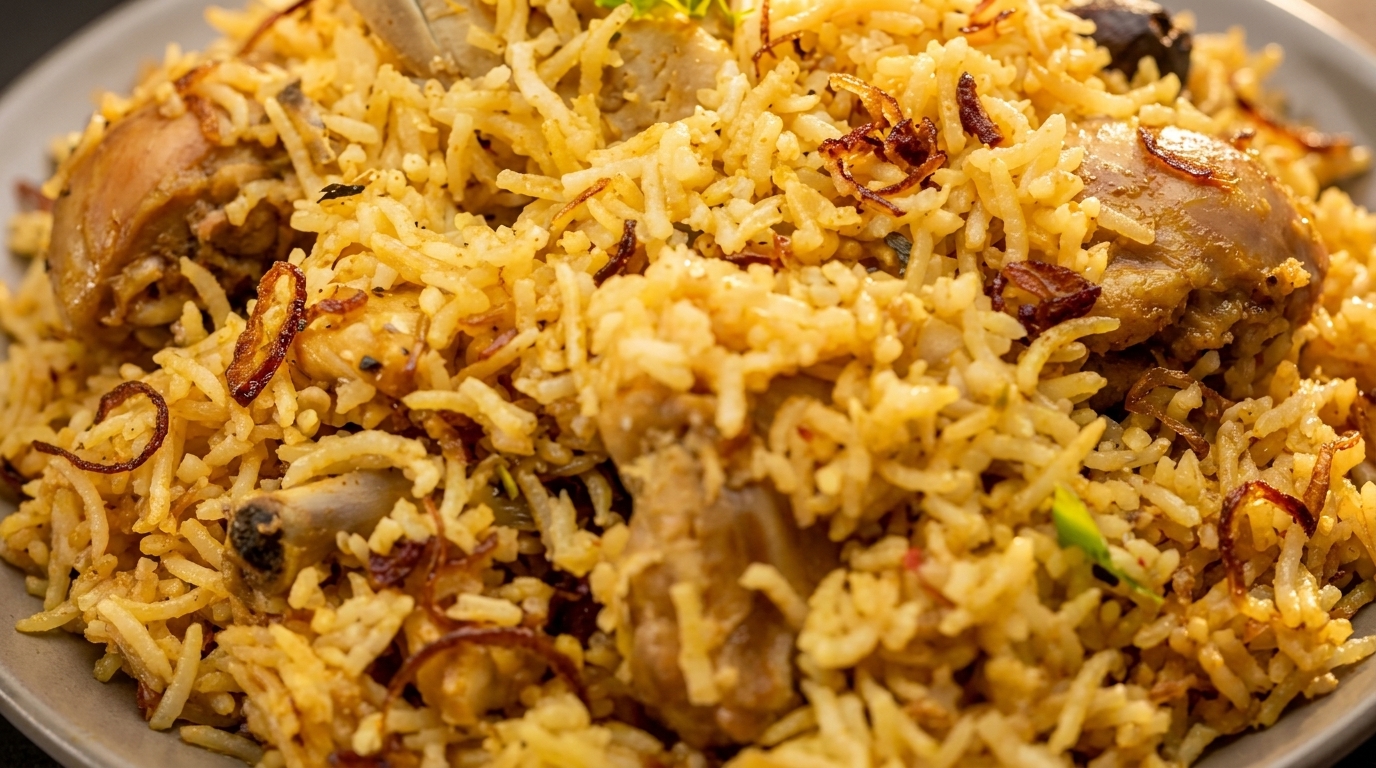 Close-up of chicken biryani with rice, chicken pieces, and fried onions on a grey plate.