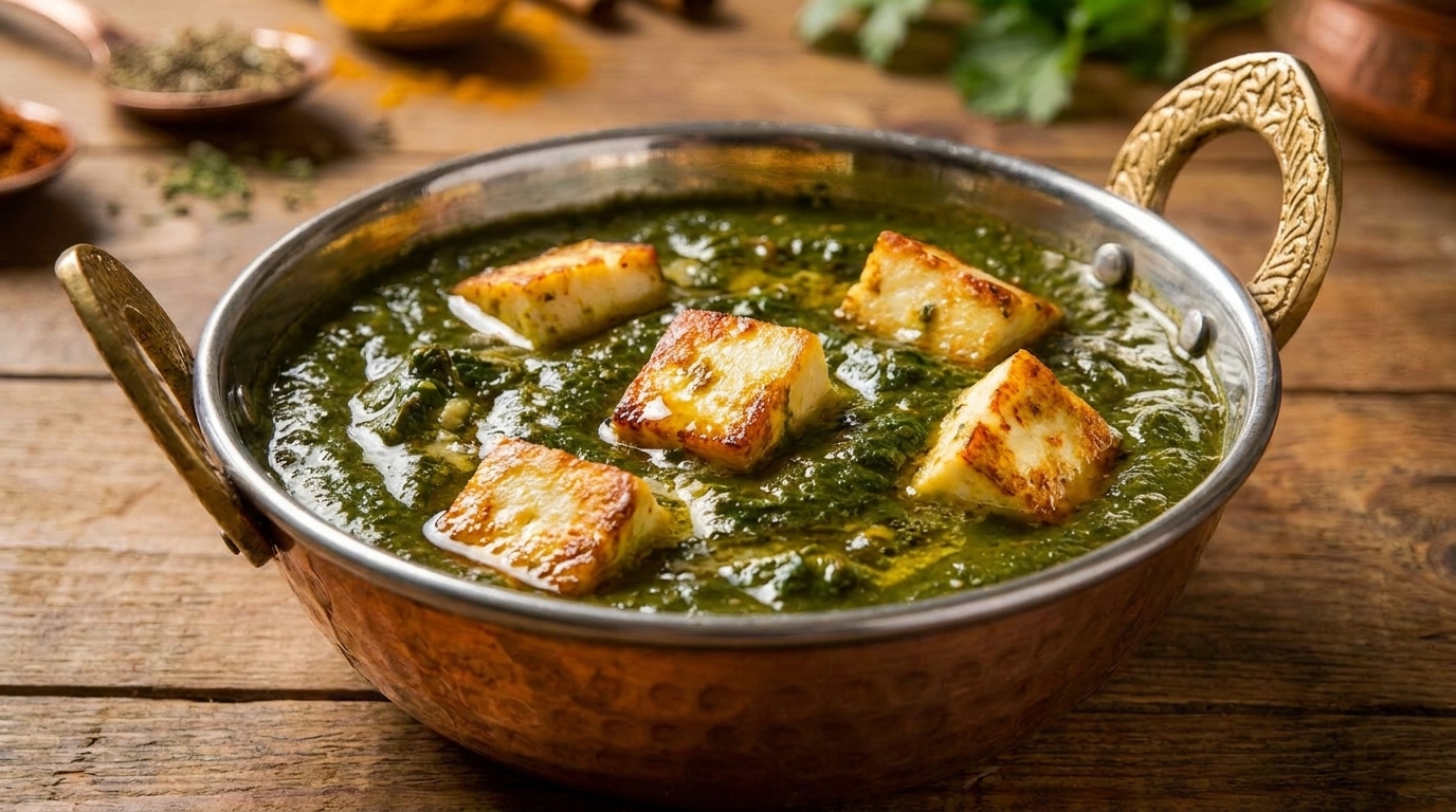 Palak Paneer, an Indian dish with spinach gravy and fried cheese cubes, in a copper bowl.