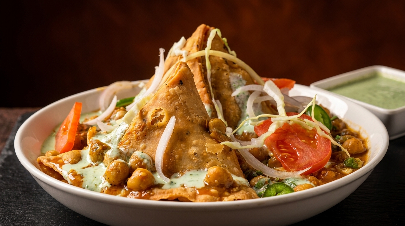 Samosa chaat with chickpeas, tomatoes, onions, and green sauce in a white bowl.